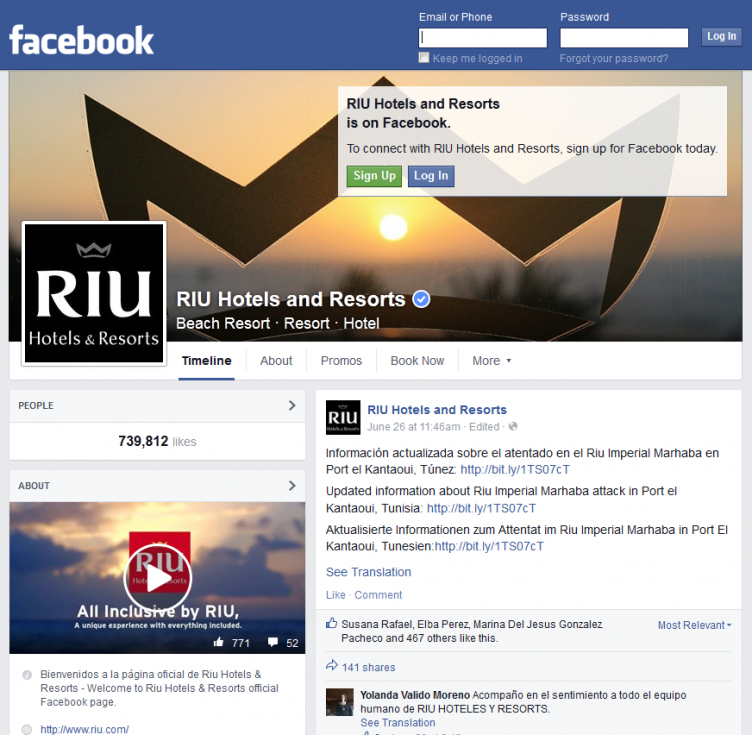 Page FB de RIU en berne
