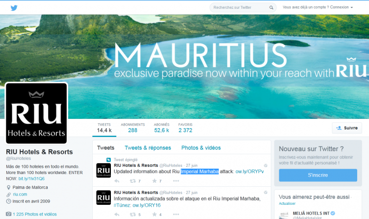 Page Twitter de RIU en berne