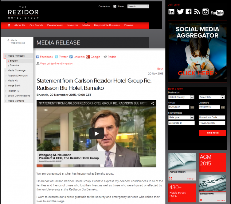 Page web du groupe Rezidor